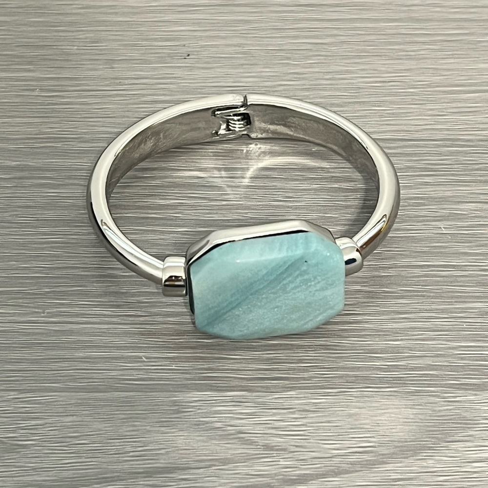 Silver Hinged Bangle Bracelet With Turquoise Ston… - image 4